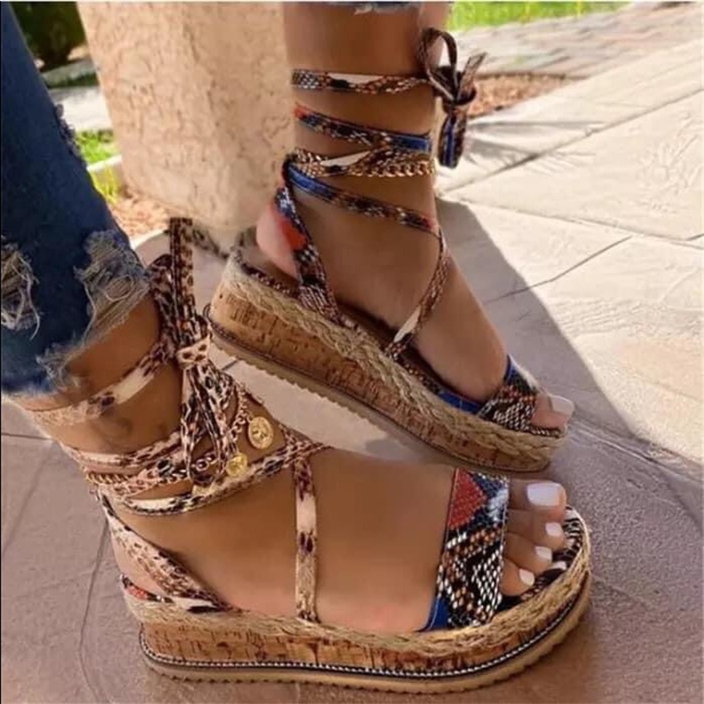Snakeskin platform lace up sandals